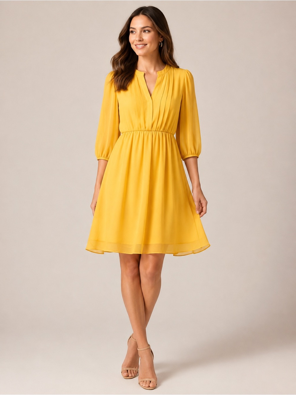 Enfocus Studio Yellow Split-Neck Elastic-Waist Midi Dress